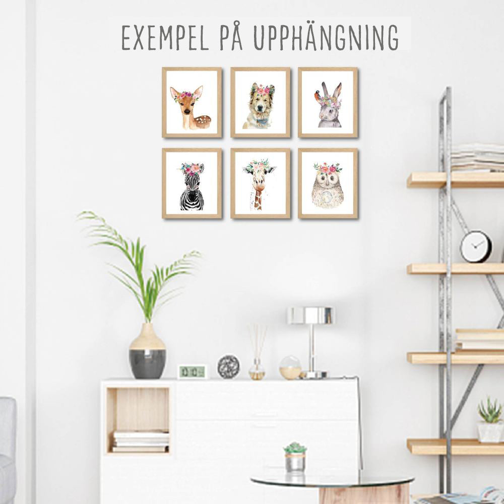 Prints på Supersöta Djur med Blomsterkrans 25,5 x 20,5 cm, 6st olika motiv