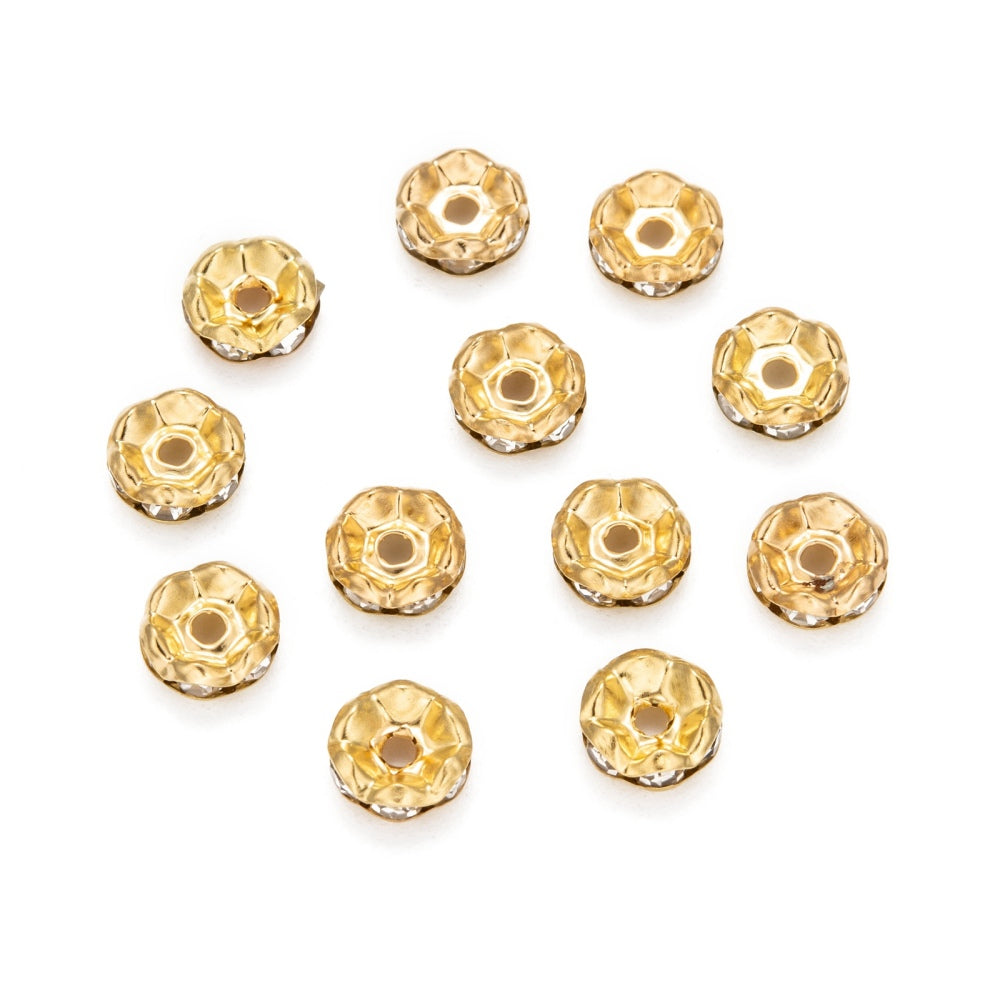 Strassrondeller Vågig kant 8mm Gyllene med Klar sten, 10-pack