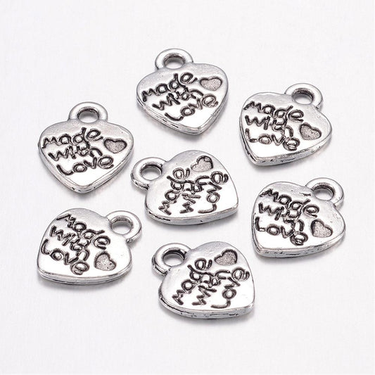 Berlocker med texten Made With Love <3 10x12mm Antiksilver, 10-pack