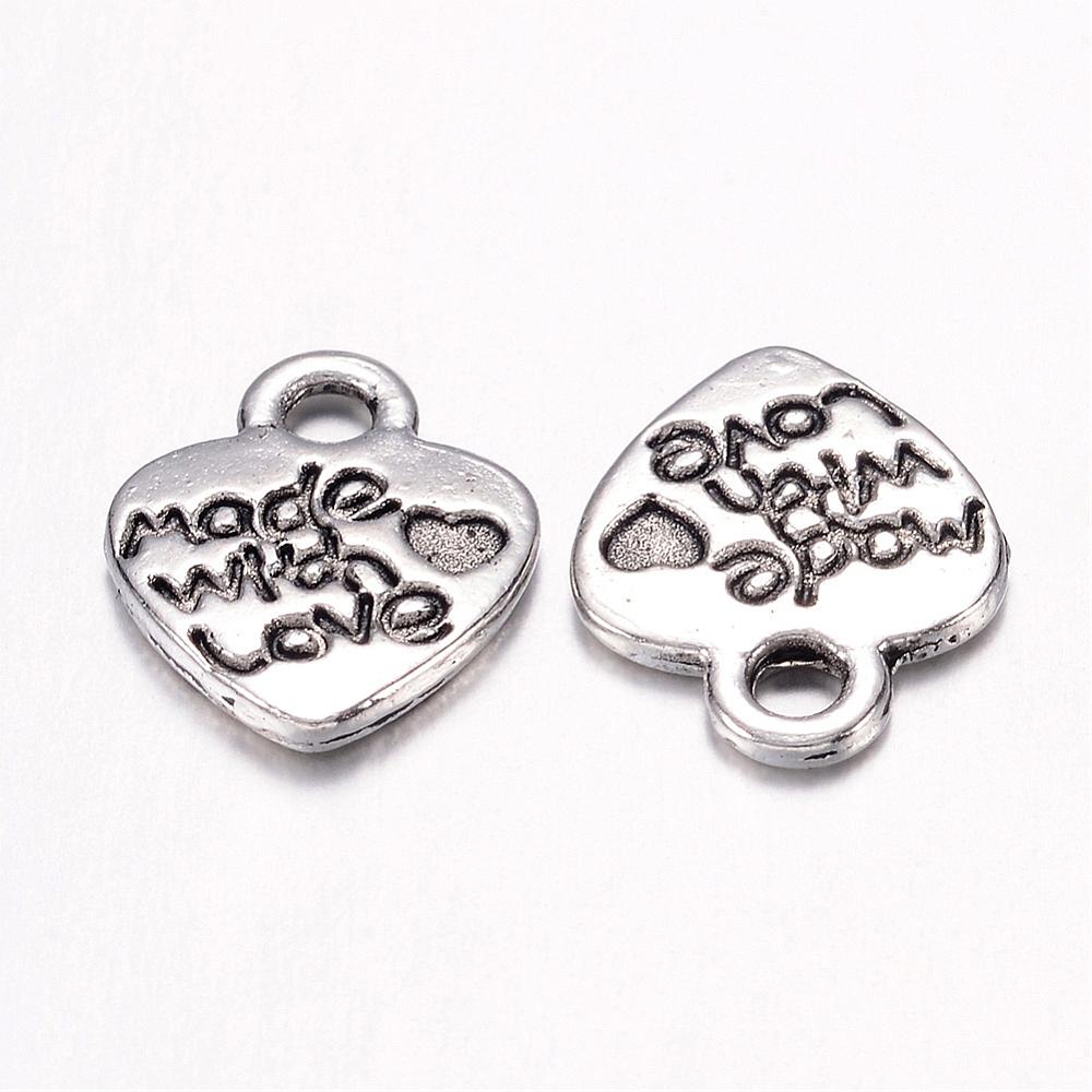 Berlocker med texten Made With Love <3 10x12mm Antiksilver, 10-pack