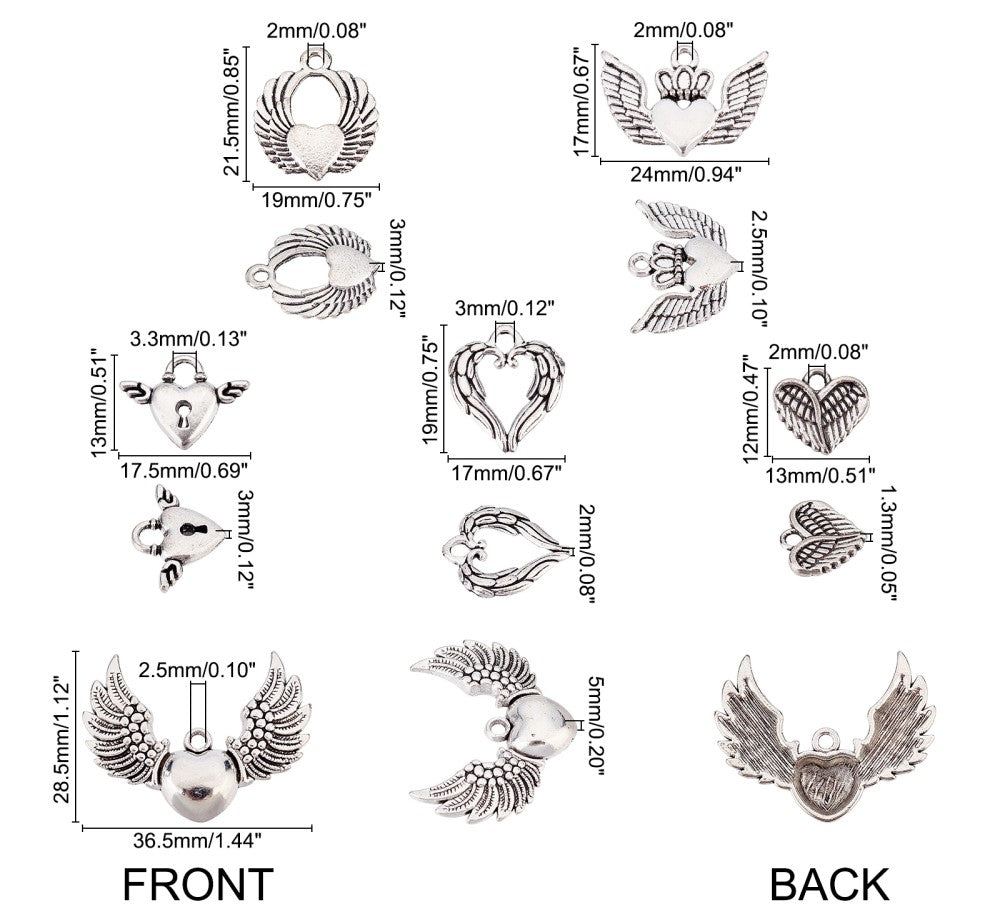 Hjärta med Vingar Berlock Antiksilver, 6 st (1 av varje modell)