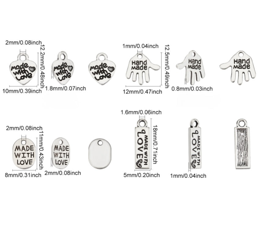 Berlocker Made With Love, 4 modeller Antiksilver, 20st