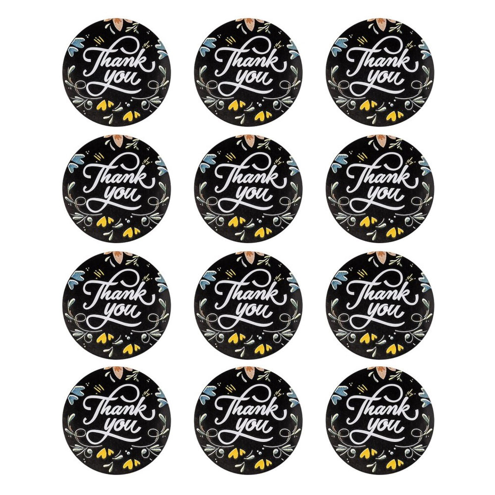 Klistermärken 2,5cm Svarta med Vit Thank You & Blomkant, 48st