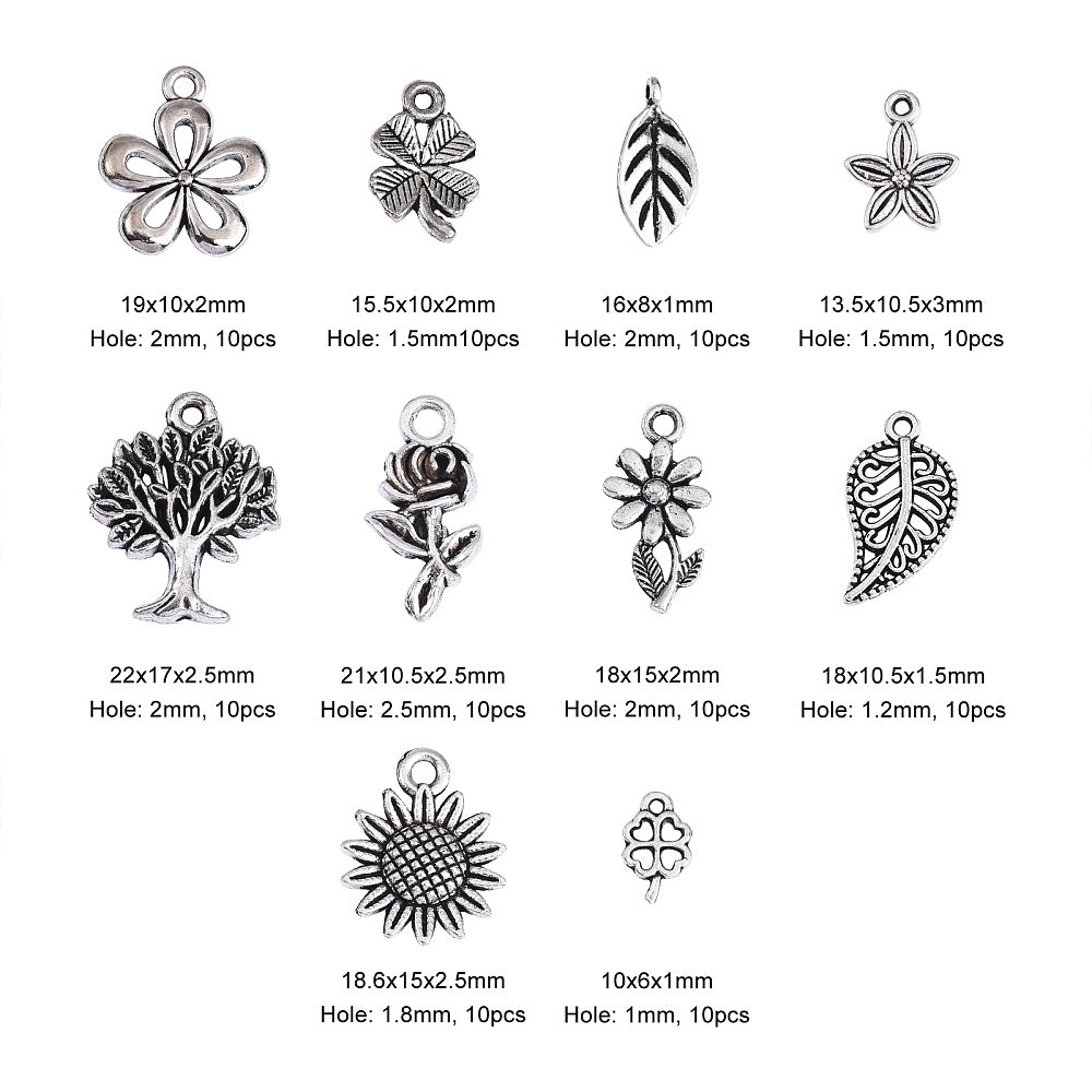 Blommor, Löv & Träd Berlocker Mixade Antiksilver, 10st (1 av varje modell)