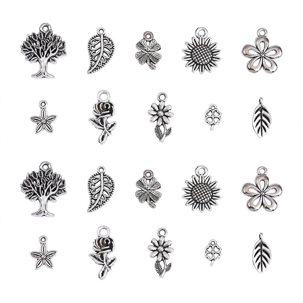 Blommor, Löv & Träd Berlocker Mixade Antiksilver, 10st (1 av varje modell)