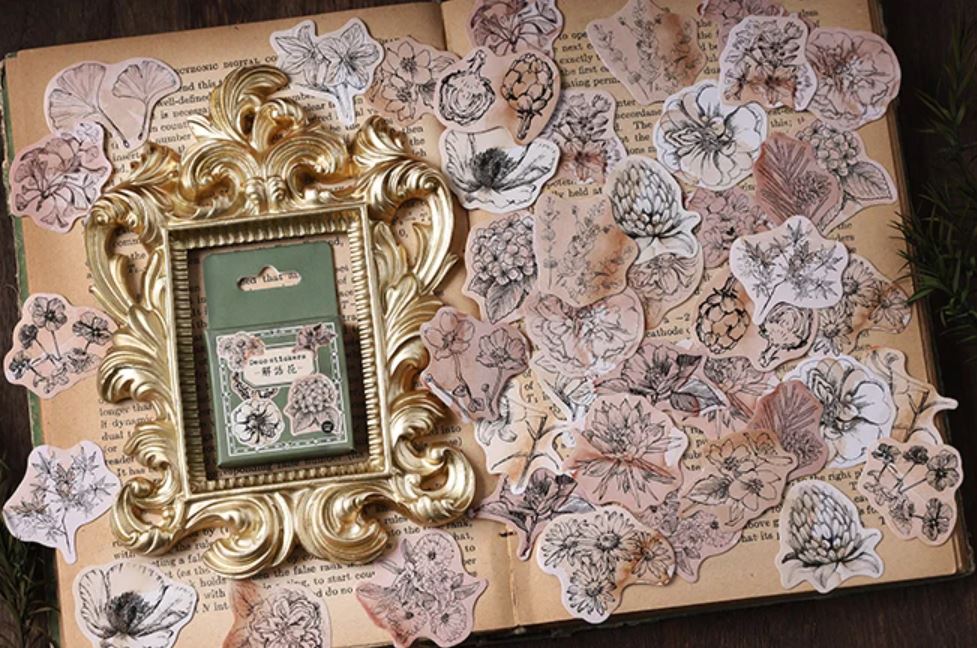 Retro Klistermärken Blommor & Blad 44x44mm Minibox, 46st (2st av varje)